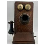 Antique Monarch Wall-Mount Wooden Telephone with Brass Bells