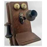 Antique Monarch Wall-Mount Wooden Telephone with Brass Bells