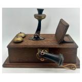 Antique Monarch Wall-Mount Wooden Telephone with Brass Bells