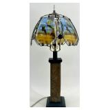 Glass Table Lamp with Pheasant Scene Shade and Stone Base
