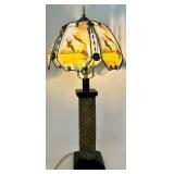 Glass Table Lamp with Pheasant Scene Shade and Stone Base