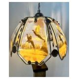 Glass Table Lamp with Pheasant Scene Shade and Stone Base