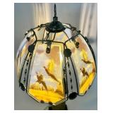 Glass Table Lamp with Pheasant Scene Shade and Stone Base