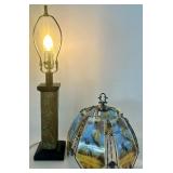 Glass Table Lamp with Pheasant Scene Shade and Stone Base