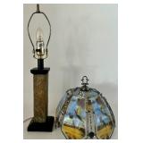 Glass Table Lamp with Pheasant Scene Shade and Stone Base