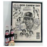 Rod Carew Autographed Memorabilia Set - Framed 1987 Poster, Baseball, and Twins Coke Bottles