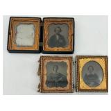 Collection of 4 Antique Daguerreotype Portrait Photographs in Ornate Cases