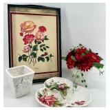 Floral Home Decor Collection with Floral Tray, Ceramic Dishs, and Planters