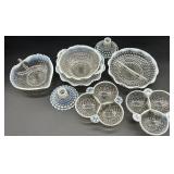 Set of Vintage Hobnail Opalescent Glass Bowls, Divided Dishes, and Candle Holders