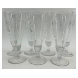 Set of 7 Etched Glass Champagne Flutes with Floral Design