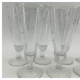 Set of 7 Etched Glass Champagne Flutes with Floral Design