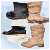 2 Pairs of Slouch Boots Size US 7 - Tan Faux Suede and Black Faux Leather with Fleece Lining