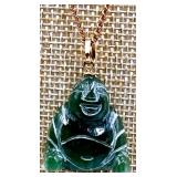 24k Gold Shou Medallion Pin with Buddha Jade Pendant & Chain