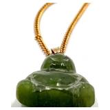 24k Gold Shou Medallion Pin with Buddha Jade Pendant & Chain