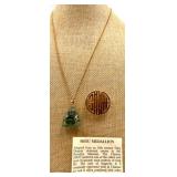 24k Gold Shou Medallion Pin with Buddha Jade Pendant & Chain