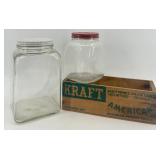 Vintage Kraft Wooden Cheese Crate with 2 Glass Storage Jars