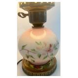 Vintage Hand-Painted Glass Hurricane Table Lamp with Floral Design