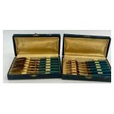 Set of 12 Vintage Brass Forks with Blue Handles in Original Cases