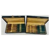 Set of 12 Vintage Brass Forks with Blue Handles in Original Cases