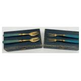 Set of 12 Vintage Brass Forks with Blue Handles in Original Cases