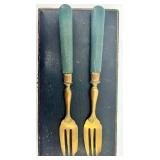 Set of 12 Vintage Brass Forks with Blue Handles in Original Cases