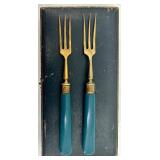 Set of 12 Vintage Brass Forks with Blue Handles in Original Cases