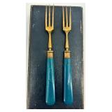 Set of 12 Vintage Brass Forks with Blue Handles in Original Cases