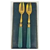 Set of 12 Vintage Brass Forks with Blue Handles in Original Cases
