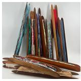 Collection of Vintage Wooden Textile Shuttles with Fabric Strips