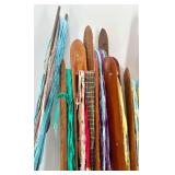 Collection of Vintage Wooden Textile Shuttles with Fabric Strips