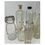 Collection of 18 Vintage and Antique Glass Bottles Assorted Colors and Shapes
