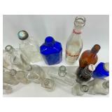 Collection of 18 Vintage and Antique Glass Bottles Assorted Colors and Shapes