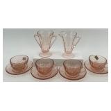 Arcoroc Hocking Pink Depression Glass Tea Set with Creamer, Sugar, 4 Cups and Saucers - Italy