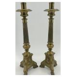 Pair of Vintage Brass Column Candlestick Holders with Ornate Bases