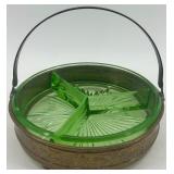 Antique Green Uranium Glass Divided Dish with Ornate Brass Holder
