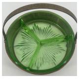 Antique Green Uranium Glass Divided Dish with Ornate Brass Holder