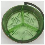 Antique Green Uranium Glass Divided Dish with Ornate Brass Holder