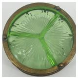 Antique Green Uranium Glass Divided Dish with Ornate Brass Holder