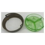 Antique Green Uranium Glass Divided Dish with Ornate Brass Holder