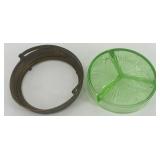 Antique Green Uranium Glass Divided Dish with Ornate Brass Holder