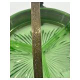 Antique Green Uranium Glass Divided Dish with Ornate Brass Holder