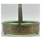 Antique Green Uranium Glass Divided Dish with Ornate Brass Holder