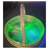 Antique Green Uranium Glass Divided Dish with Ornate Brass Holder
