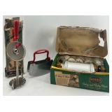 Vintage Kitchen Gadget Set: Jiffy Whip Cream Whipper, Pastry Scraper, and Mirro Cooky Press for Spritz Cookies