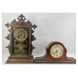 Pair of Antique Wooden Mantel Clocks with Ornate Details