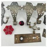 Collection of Antique and Vintage Hardware including Hooks, Door Plates, and Knobs