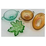 Collection of 4 Vintage Patterned Glass Dishes and Bowls, including Imperial Uranium Glass