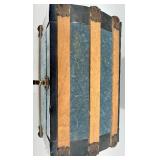 Vintage Blue and Wood Small Trunk with Metal Accents and Floral Lined Interior