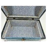 Vintage Blue and Wood Small Trunk with Metal Accents and Floral Lined Interior