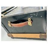 Vintage Blue and Wood Small Trunk with Metal Accents and Floral Lined Interior